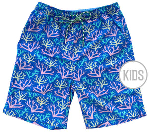 
                  
                    Load image into Gallery viewer, Key Largo Coral: Kid&amp;#39;s Swim Trunks - Blue
                  
                