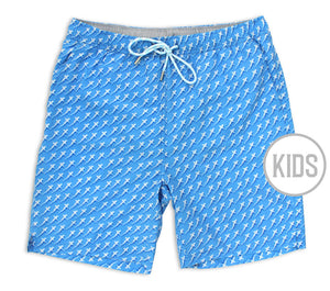 
                  
                    Load image into Gallery viewer, Reef Shark Rally: Kid&amp;#39;s Swim Trunks - Light Blue
                  
                