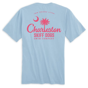 
                  
                    Load image into Gallery viewer, Skiff Dogs Hometown: Pocket Short Sleeve T-Shirt - Chambray/Fuchsia
                  
                