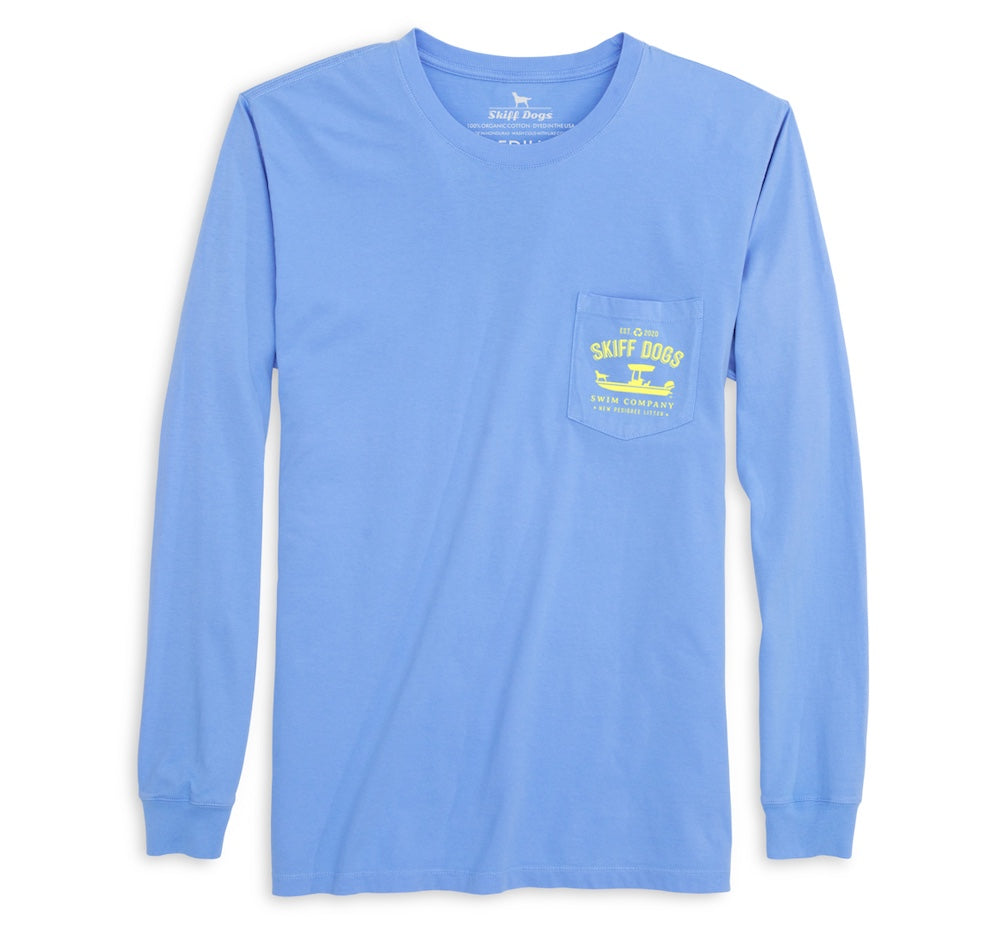 
                  
                    Load image into Gallery viewer, Skiff Dogs Hometown: Pocket Long Sleeve T-Shirt - Azure/Yellow
                  
                