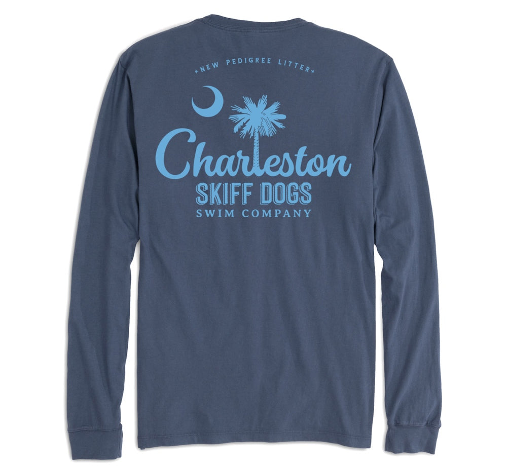
                  
                    Load image into Gallery viewer, Skiff Dogs Hometown: Pocket Long Sleeve T-Shirt - Navy/Light Blue
                  
                